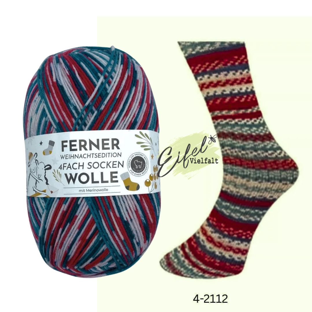 Ferner Sockenwolle Weihnachtsedition 4-fädig 100g 420m Farbe 4-2112 Krampus - dargestellt als Knäuel und gestrickte Socke