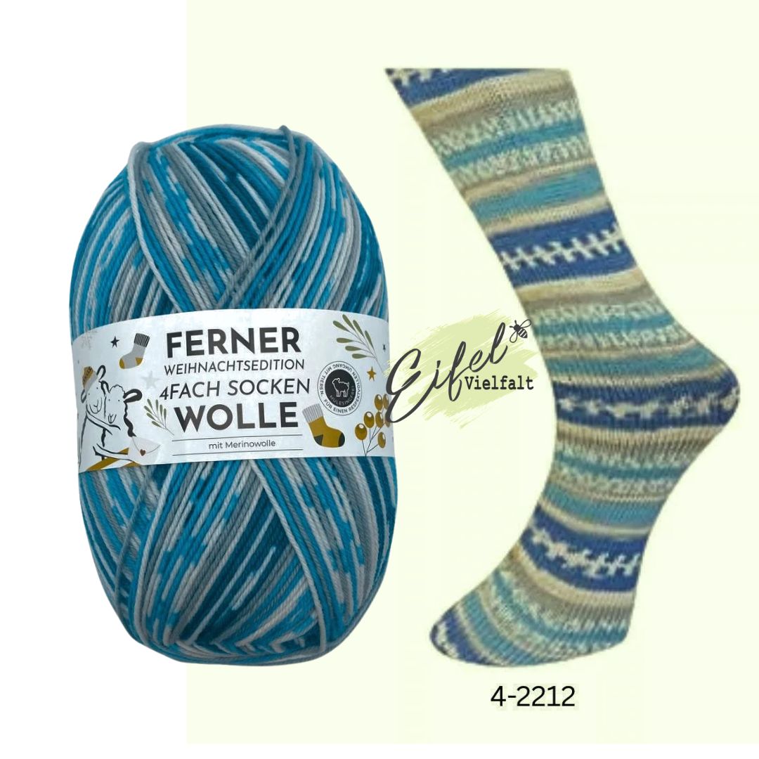 Ferner Sockenwolle Weihnachtsedition 4-fädig 100g 420m Farbe 4-22212 Väterchen Frost - dargestellt als Knäuel und gestrickte Socke