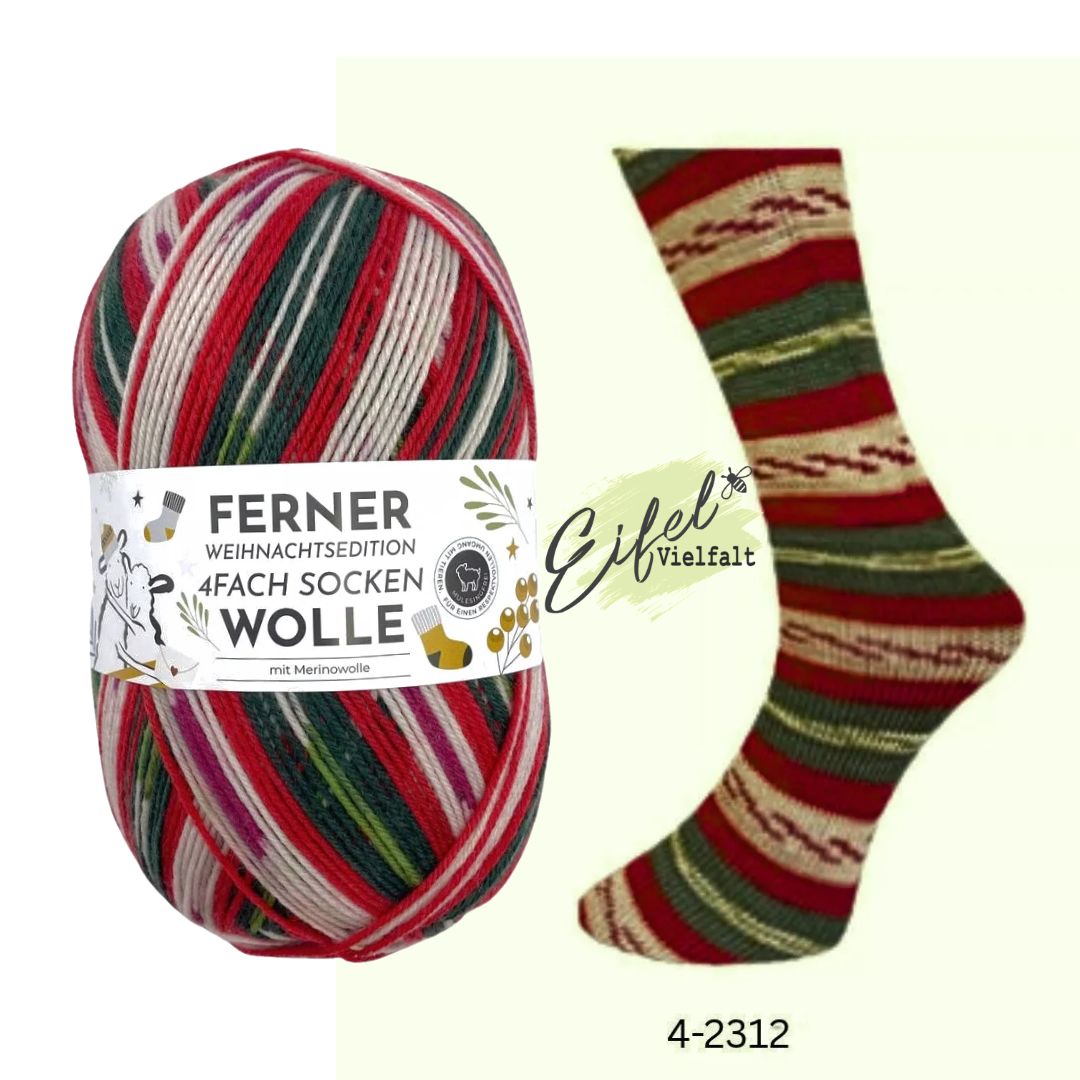 Ferner Sockenwolle Weihnachtsedition 4-fädig 100g 420m Farbe 4-2312 Sinterklaas - dargestellt als Knäuel und gestrickte Socke