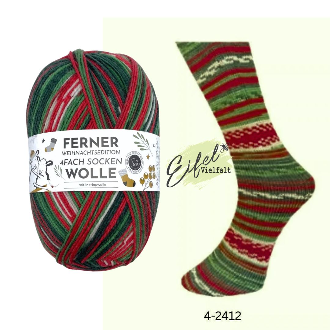 Ferner Sockenwolle Weihnachtsedition 4-fädig 100g 420m Farbe 4-2412 Heiliger Nikolaus - dargestellt als Knäuel und gestrickte Socke