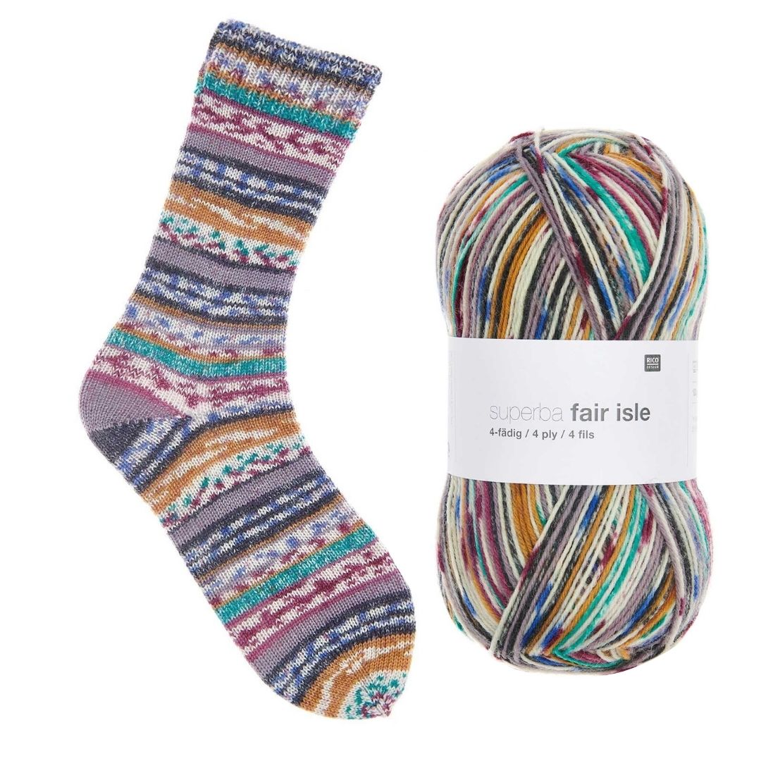 Sockenwolle Fair Isle Beere-Senf 100g Stricksocken