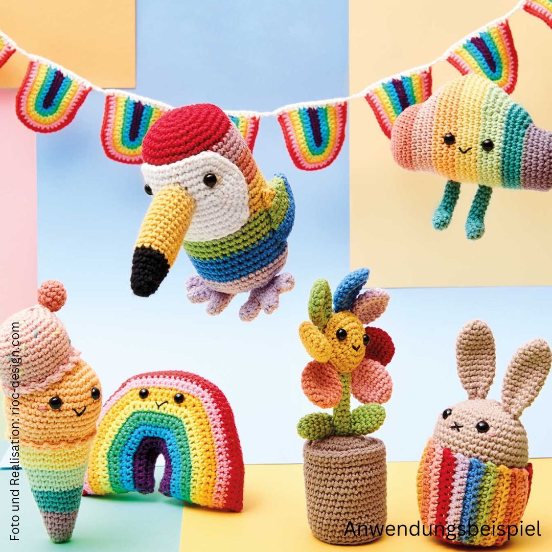 Ricorumi 25g dk Bauwmolle Muster Rico Amigurumi Deko häkeln Häkelideen Wimpel Regenbogen Tunikann  Wolke Hase Eis